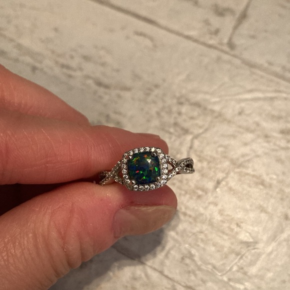 Square Lab Created Midnight Fire Opal & Faux Diamond Ring Silver Tone Band - Picture 2 of 6